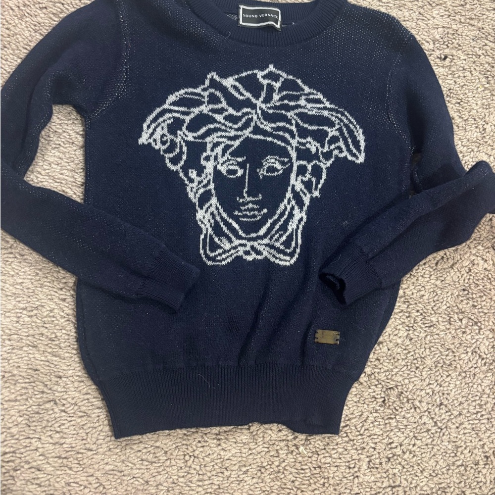 Versace Dark Blue Sweater with White Medusa Motif